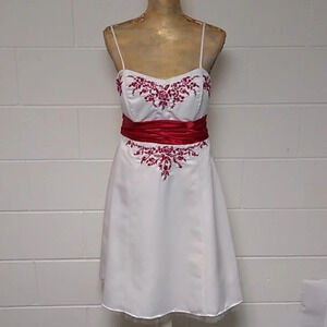 MASQUERADE EMBROIDERED, SEQUIN, RED ROSES & BOW, PROM DRESS IN WHITE SATIN